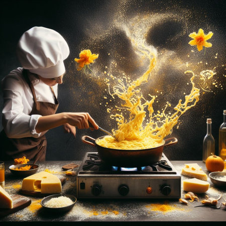 chef preparing northern italy rice creamy risotto with saffron , broth, butter and parmesan cheese generative ai artの素材