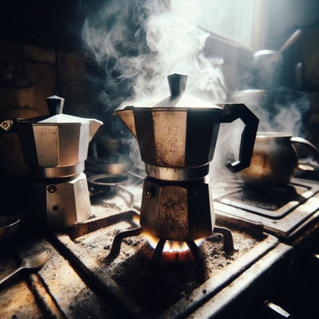 italian moka coffee maker over stove smoking steam and aroma as coffee is ready in the morning ai generative artの素材