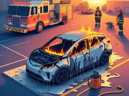 burned melted ev electric car, battery failure in parking lot, firefighter use foam to extinguish...