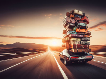 Huge luggage pile on american muscle car roof fast road travel journey holiday lifestyle experience ai generatedの素材