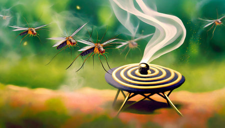 spiral coil smoking pyrethrum insecticide mosquito warning sign breeding area at sunset concept generative ai artの素材