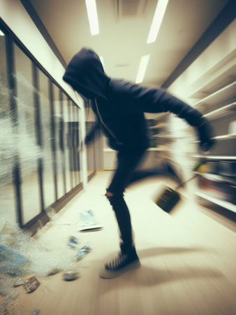 criminal looter rob vandalize retail shop, steal merchandise. graffiti activism paint and break all. High quality photo genertive to artの素材