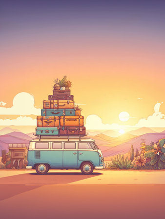 huge load luggage on roof of vintage car van t1 german Vacation traveling nomadic life on the road generated ai artの素材