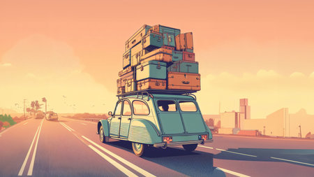 huge pile luggage roof vintage 60 70s vintage retro french car Vacation travel nomadic life road fun generated ai artの素材