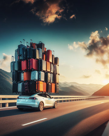 Huge pile luggage on modern ev car roof, road vacation travel, trolleys bags suitcases, fast drive generated ai artの素材