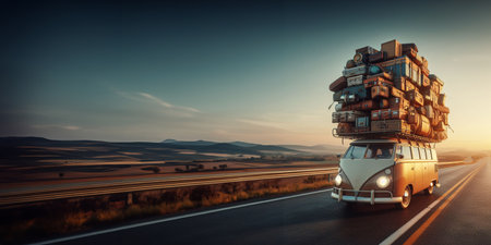 huge load luggage on roof of vintage german 70s van t1 nomadic lifestyle Vacation traveling on road generated ai artの素材