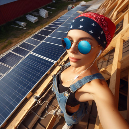 cheerful woman install photovoltaic solar panels in a roof of a building generative ai artの素材