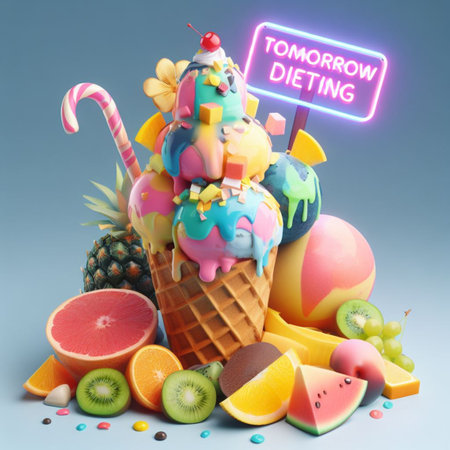 a cone full of fresh icecream and big pieces of tropical fruits isolated gradient background generative ai artの素材