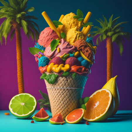a cone full of fresh icecream and big pieces of tropical fruits isolated gradient background generative ai artの素材