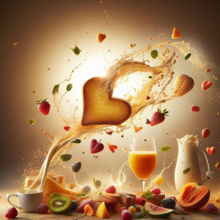 splash and flying breakfast elements food and drink, cappuccino, fruit, cake, cookie at sunrise generative ai artの素材
