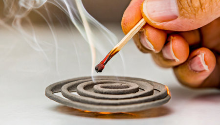 spiral coil smoking pyrethrum insecticide mosquito warning sign breeding area at sunset concept generative ai artの素材