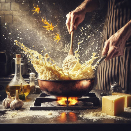 chef preparing northern italy rice creamy risotto with saffron , broth, butter and parmesan cheese generative ai artの素材
