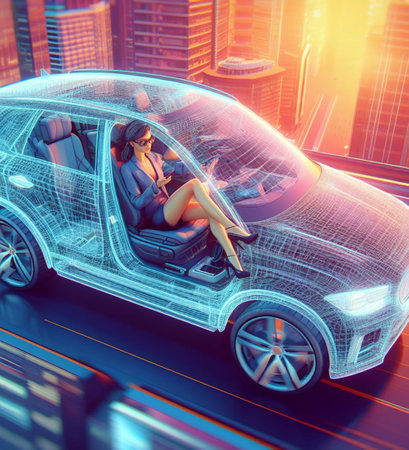 business woman working from autonomous driving ev car traveling fast in city traffic generative ai artの素材