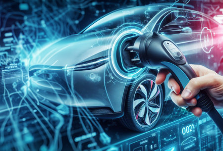 Electric hybrid vehicle car ev fast charging battery GUI graphical user interface plug, clean energy ai art generatedの素材