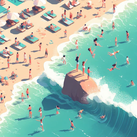 people having fun in the beach, isometric view, sea waves, 3d illustration generative ai artの素材