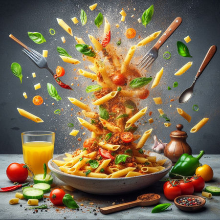 penne rigate italian dish with tomato and basil in fly splash effect macro photography shot generative ai artの素材