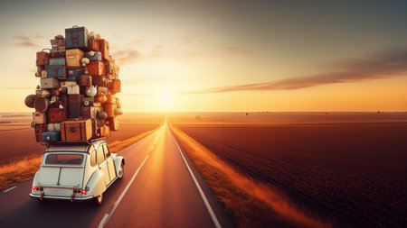 huge pile luggage roof vintage 60 70s vintage retro french car Vacation travel nomadic life road fun generated ai artの素材