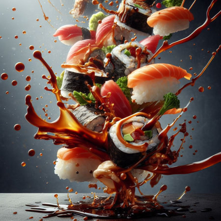fly sushi roll sashimi japan food and ingredients soy sauce splash, stick, concept illustration generative ai artの素材