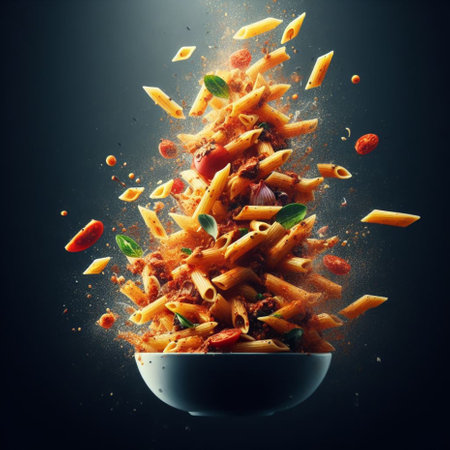 penne rigate italian dish with tomato and basil in fly splash effect macro photography shot generative ai artの素材