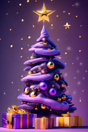 purple christmas tree with ornaments for religious celebration on violet gradient background generative ai artの素材