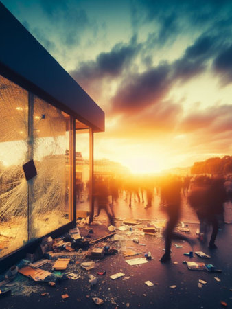 activist crowd, criminal looters vandalize store steal merchandise graffiti paint and break all generative ai artの素材