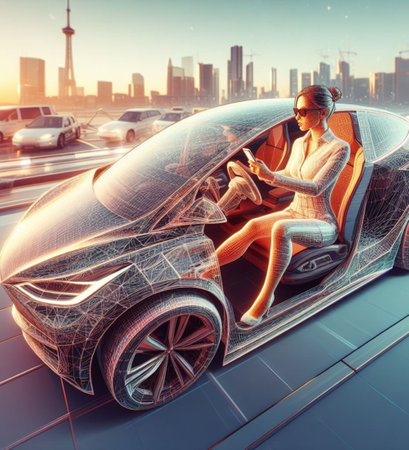 business woman working from autonomous driving ev car traveling fast in city traffic generative ai artの素材