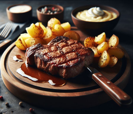 A grilled smoking bovine red meat sirloin steak perfectly cooked in a wood dish, with potatoes and veggies, rustic table setting, studio lightning, ai art generatedの素材