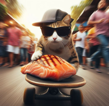 funny cat thieve wear cap and sunglass escape on skateboard from market with stolen grilled salmon ai art generatedの素材