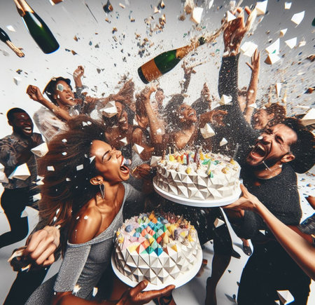 group elegant people celebrate toxic gala birthday at club throw cake splash wine wild party dance shout laugh art generated aiの素材