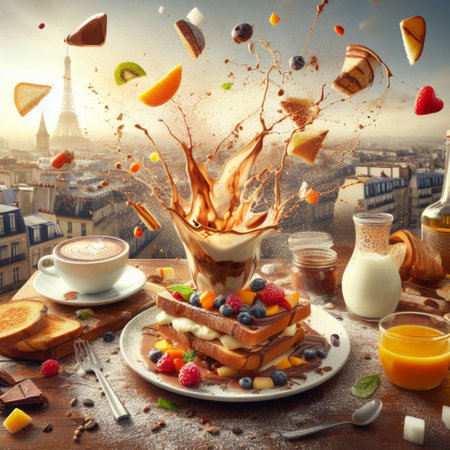 splash and flying breakfast elements food and drink, cappuccino, fruit, cake, cookie at sunrise generative ai artの素材