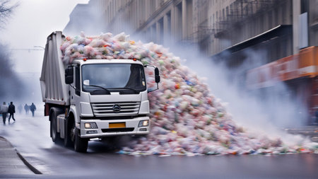 Garbage Truck full of trash, splashing liquids, panning, motion blurred speeding fast drive, drifting, cityscape, raining, cityscape, city servicce waste management serviceの素材