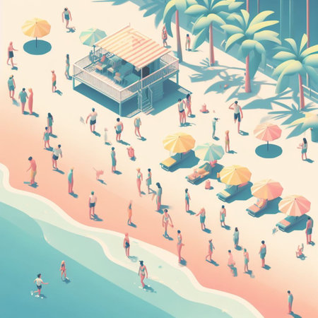 people having fun in the beach, isometric view, sea waves, 3d illustration generative ai artの素材