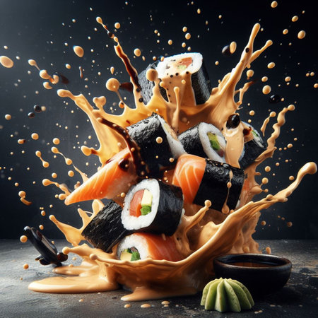 fly sushi roll sashimi japan food and ingredients soy sauce splash, stick, concept illustration generative ai artの素材
