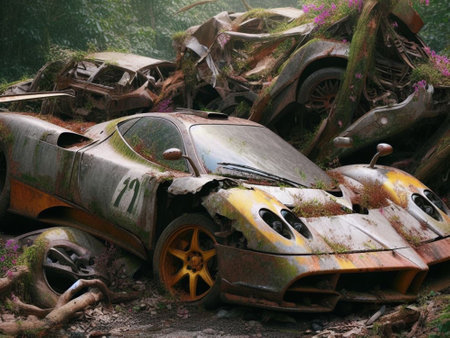 Abandoned rusty expensive atmospheric super car as circulation banned for co2 emission 2030 agenda, severe damage, broken parts, plants overgrowth bloom flowers. ai generatedの素材