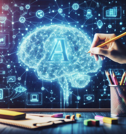 graphic depict AI artificial intelligence happy people learn advantages with schemes and 3d render ai generated artの素材