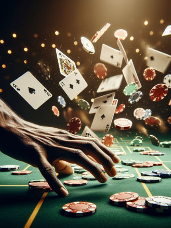 casino scene on a gaming table, freeze action fly dice, cards and chips, dark, bokeh, human hand generative ai artの素材