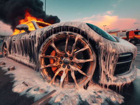 burned melted ev electric car, battery failure in parking lot, firefighter use foam to extinguish generative ai artの写真素材