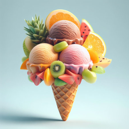 a cone full of fresh icecream and big pieces of tropical fruits isolated gradient background generative ai artの素材