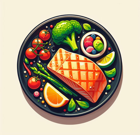 grilled wild salmon with steamed vegetables lunch menu ketogenic healthy eating ai generatedの素材