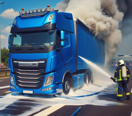 electric hybrid cargo courier semi truck transporter burn bottom chasis, firefighter apply foam to extinguish flames big smoke ai generatedの素材