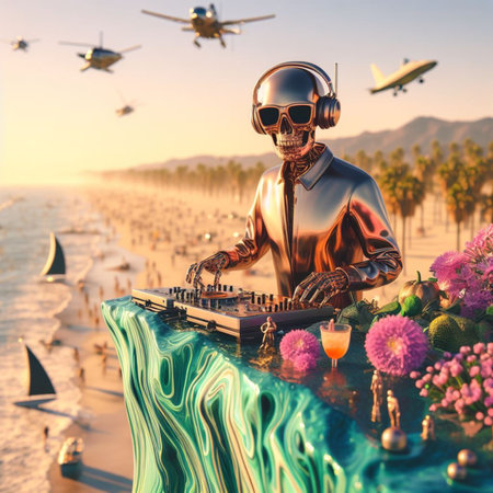 metallic alien dj with human skull, wearing glasses earphone dj of beach party in tropical island generative ai artの素材