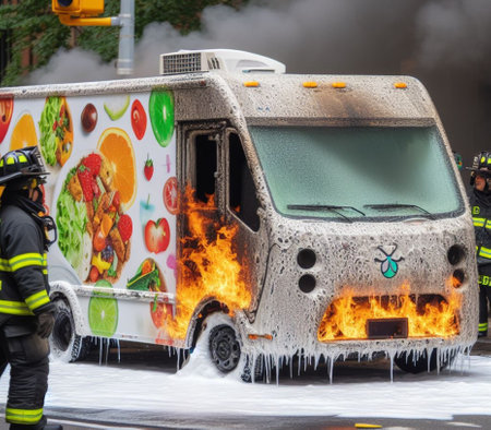 electric hybrid cargo courier truck van burn bottom chasis, firefighter apply foam to extinguish flames big smoke ai generatedの素材
