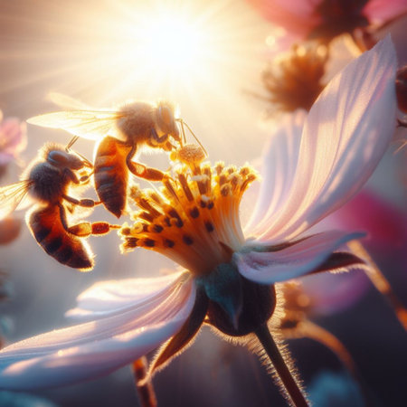 bee pollinize flower at sunrise macro close up shot generative ai artの素材