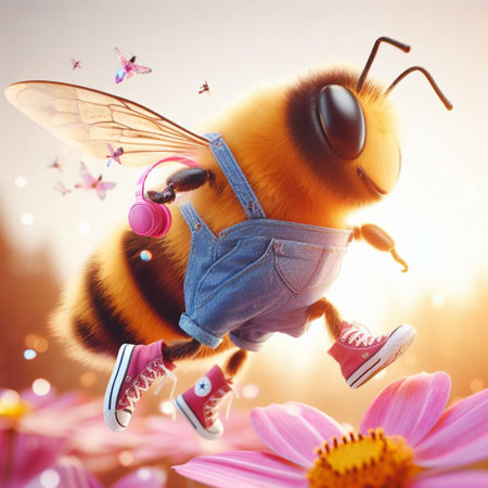 bee pollinize flower at sunrise macro close up shot generative ai artの素材