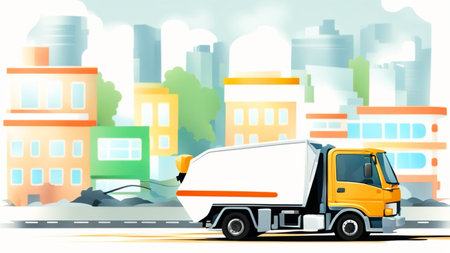 Garbage Truck full of trash, splashing liquids, panning, motion blurred speeding fast drive, drifting, cityscape, raining, cityscape, city servicce waste management serviceの素材