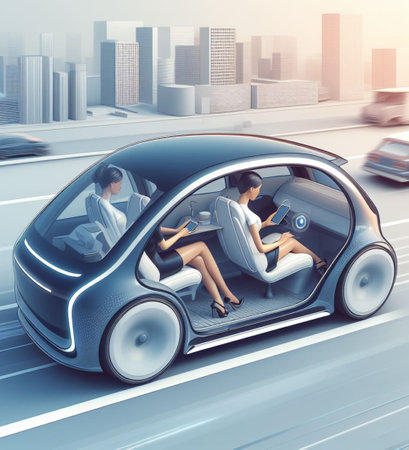 business woman working from autonomous driving ev car traveling fast in city traffic generative ai artの素材