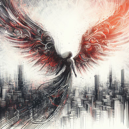 protective guarding angel over a cityscape red black drawing art generative ai artの素材