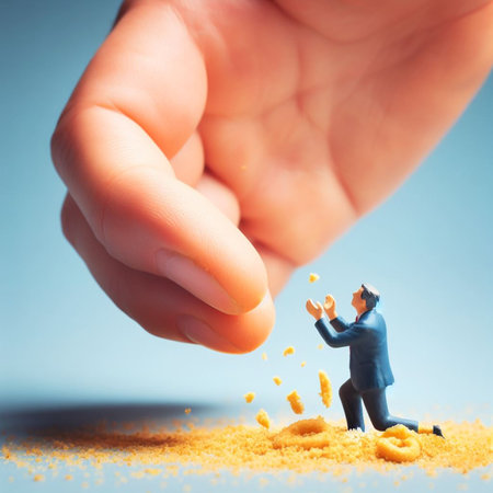 greedy elegant man beg grab fight desperate for gold confetti from a big boss hand, greed concept abstract illustration ai generative artの素材