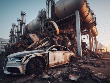 Crashed abandoned rusty expensive luxurious atmospheric 4 door powerful as circulation banned for co2 emission 2030 agenda dystopian concept ai generatedの素材