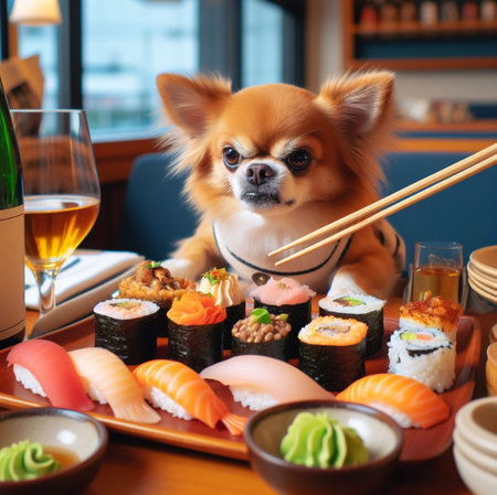 anthropomorphic funny angry chihuahua dog eating sushi rolls and sashimi at asian restaurant ai generatedの素材